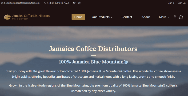Snapshot of the Jamaica Coffee Distributors website.